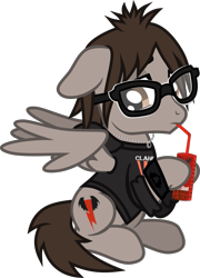 Size: 844x1176 | Tagged: safe, artist:lightningbolt, derpibooru exclusive, pegasus, pony, undead, vampire, g4, .svg available, clothes, drinking, ears back, hoodie, hoof hold, lidded eyes, looking back, male, mikey way, my chemical romance, partially open wings, ponified, sad, show accurate, simple background, sitting, solo, stallion, svg, the sims, the sims 3, transparent background, vector, wings