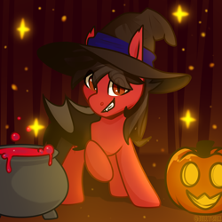 Size: 2894x2894 | Tagged: safe, artist:jellysketch, bat pony, pony, bat wings, cauldron, commission, fall out boy, fangs, halloween, hat, high res, holiday, jack-o-lantern, looking at you, male, partially open wings, pete wentz, ponified, pumpkin, raised hoof, slit pupils, solo, stallion, wings, witch hat, ych result