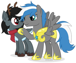 Size: 6167x5153 | Tagged: safe, artist:suramii, oc, oc only, oc:cloud zapper, oc:gene, pegasus, pony, absurd resolution, armor, clothes, deer pomy, male, royal guard armor, scarf, simple background, stallion, transparent background