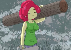 Size: 1619x1138 | Tagged: safe, artist:batipin, apple bloom, human, equestria girls, g4, breasts, busty apple bloom, chainsaw, eyes closed, female, older, older apple bloom, smiling, solo, wood