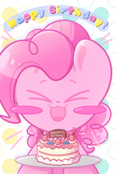 Size: 1200x1800 | Tagged: safe, artist:typhwosion, pinkie pie, earth pony, pony, g4, ><, birthday, birthday cake, blush sticker, blushing, cake, eyes closed, food, open mouth, open smile, smiling, solo, text