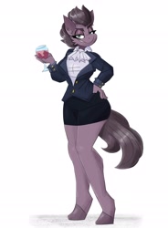 Size: 2200x2992 | Tagged: safe, artist:flutterthrash, oc, oc only, oc:capricious, earth pony, anthro, unguligrade anthro, clothes, female, glass, high res, jacket, simple background, skirt, solo, white background, wine glass