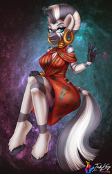 Size: 660x1020 | Tagged: safe, artist:inkkeystudios, zecora, zebra, anthro, unguligrade anthro, g4, clothes, dress, ear piercing, earring, female, hand, jewelry, looking at you, mohawk, neck rings, piercing, signature, solo, tail, unshorn fetlocks