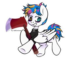 Size: 1200x1000 | Tagged: safe, artist:sadfloorlamp, pegasus, pony, awsten knight, axe, bags under eyes, clothes, commission, dyed mane, dyed tail, grin, heterochromia, holding, horseshoes, jewelry, looking at you, male, necklace, partially open wings, ponified, shirt, shrunken pupils, simple background, smiling, solo, stallion, t-shirt, tail, transparent background, underhoof, waterparks, weapon, wings