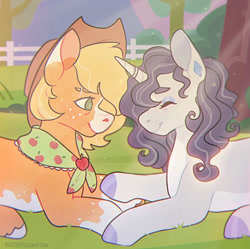 Size: 828x824 | Tagged: safe, artist:saltytangerine, applejack, rarity, earth pony, pony, unicorn, g4, alternate design, alternate hairstyle, clothes, couple, cowboy hat, cute, duo, duo female, ear piercing, earring, eyes closed, female, freckles, hat, holding hooves, horn, horn ring, jewelry, lesbian, lying down, older, piercing, raribetes, redesign, ring, scar, scarf, ship:rarijack, shipping, smiling, unshorn fetlocks