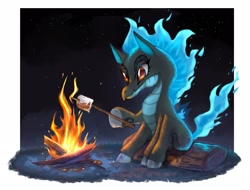 Size: 2048x1560 | Tagged: safe, artist:luo_qiangwei, tianhuo (tfh), dragon, hybrid, longma, them's fightin' herds, alternate color palette, campfire, community related, female, food, mane of fire, marshmallow, solo, stars, tail, tail of fire