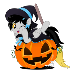 Size: 7800x7764 | Tagged: safe, alternate version, artist:jhayarr23, oc, oc only, oc:lightning dee, bat, pegasus, pony, broom, cape, clothes, commission, fangs, female, folded wings, halloween, hat, holiday, jack-o-lantern, mare, moon, night, night sky, one eye closed, pumpkin, simple background, sky, solo, spider web, transparent background, tree, wings, wink, witch hat, ych result