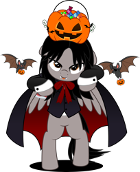 Size: 4071x5000 | Tagged: safe, alternate version, artist:jhayarr23, bat, pegasus, pony, undead, vampire, bipedal, candy, cape, clothes, commission, fangs, floppy ears, folded wings, food, gerard way, halloween, holiday, jack-o-lantern, looking at you, male, moon, my chemical romance, night, night sky, ponified, pumpkin, pumpkin bucket, simple background, sky, solo, stallion, transparent background, tree, wings, ych result