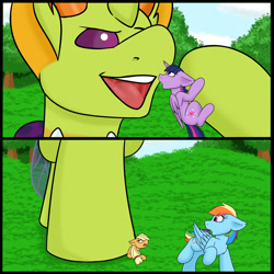 Size: 1920x1920 | Tagged: safe, artist:noblebrony317, applejack, rainbow dash, thorax, twilight sparkle, alicorn, changedling, changeling, pegasus, pony, g4, comic, crush fetish, fetish, hoof fetish, imminent vore, king thorax, mawshot, open mouth, running, running away, scared, twilight sparkle (alicorn)