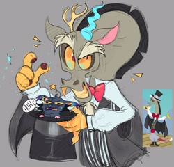 Size: 2080x2000 | Tagged: safe, artist:_oodlezz_, artist:zzoodle_, discord, draconequus, g4, twilight's kingdom, boots, bowtie, button-up shirt, cape, clothes, cummerbund, dress shirt, hat, high res, magician, male, pants, shirt, shoes, suit, top hat, waistcoat