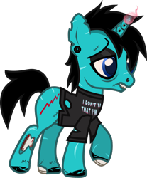 Size: 932x1124 | Tagged: safe, artist:lightningbolt, derpibooru exclusive, pony, undead, unicorn, zombie, zombie pony, g4, .svg available, as it is, bags under eyes, bloodshot eyes, bone, chipped tooth, clothes, colored pupils, dyed mane, dyed tail, ear piercing, earring, eyeshadow, gauges, glasgow smile, glowing, glowing horn, hair over one eye, hole in horn, hoof polish, horn, horn piercing, jewelry, lidded eyes, makeup, male, nose piercing, painted horn, patty walters, piercing, ponified, raised hoof, raised leg, scar, shirt, show accurate, simple background, solo, stallion, stitches, svg, t-shirt, tail, tattoo, torn clothes, torn ear, transparent background, vector, walking