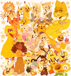 Size: 1916x2048 | Tagged: safe, artist:honwowo, fluttershy, bird, dog, gem (race), human, pegasus, pikachu, pony, rabbit, robot, anthro, g4, adventure time, alphys, animal, animal crossing, animatronic, anime, big bird, bill cipher, brother and sister, cartoon network, chica, clothes, cookie run, crossover, cuddles (happy tree friends), cupcake, cute, denim, diamond, disney, female, five nights at freddy's, flower, flowey, food, gem, glasses, gravity falls, happy tree friends, isabelle, jake the dog, jeans, kagamine len, kagamine rin, looney tunes, magical girl, male, mami tomoe, mare, nail polish, nickelodeon, pants, pbs, pixar, plants vs zombies, pokémon, priya mangal, puella magi madoka magica, sesame street, shirt, shoes, siblings, skirt, sneakers, spongebob squarepants, spongebob squarepants (character), steven universe, sundrop, sunflower, the muppets, timekeeper cookie, toenail polish, turning red, tweety bird, twins, undertale, vocaloid, yellow, yellow diamond, yellow diamond (steven universe)