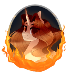 Size: 1024x1086 | Tagged: dead source, safe, artist:lolepopenon, oc, oc only, oc:golden pen, pony, unicorn, bust, eye clipping through hair, fire, portrait, simple background, solo, transparent background