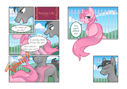 Size: 1280x902 | Tagged: safe, artist:sinclair2013, oc, oc:blossom branch, oc:generic grey, pony, unicorn, comic, duo, implied gay, male, nudity, sheath, stallion