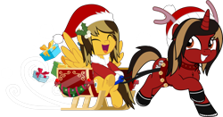 Size: 5000x2610 | Tagged: safe, artist:jhayarr23, pegasus, pony, unicorn, alex gaskarth, all time low, antlers, bell, boots, cheek fluff, chest fluff, christmas, clothes, commission, costume, duo, duo male, dyed mane, dyed tail, eyes closed, gloves, grin, happy, hat, holiday, holly, hoof fluff, hoof hold, horn, jack barakat, looking back, male, open mouth, ponified, present, running, santa costume, santa hat, shoes, simple background, sitting, sled, smiling, spread wings, stallion, tail, transparent background, wings, ych result