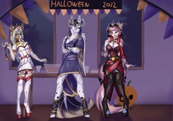 Size: 4096x2887 | Tagged: safe, artist:sugarypolecat, oc, oc:sketch blackwing, oc:sugar polecat, unicorn, anthro, breasts, cleavage, crossdressing, female, halloween, high heels, holiday, lipstick, male, mare, nurse outfit, pumpkin, shoes, stallion, vampire costume, window