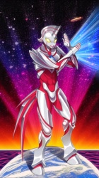 Size: 1435x2568 | Tagged: safe, artist:st. oni, robot, unicorn, anthro, unguligrade anthro, crossover, earth, glowing, glowing eyes, male, pose, solo, space, stallion, superhero, ultraman