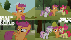 Size: 2000x1125 | Tagged: safe, edit, edited screencap, editor:quoterific, screencap, apple bloom, scootaloo, sweetie belle, earth pony, pegasus, pony, unicorn, g4, the cutie mark chronicles, bipedal, bow, cutie mark crusaders, female, filly, foal, grin, guessing, hair bow, implied fluttershy, implied pinkie pie, implied rainbow dash, open mouth, open smile, smiling, spread wings, tree sap and pine needles, trio, trio female, wings