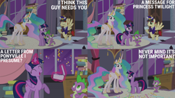 Size: 2000x1125 | Tagged: safe, edit, edited screencap, editor:quoterific, screencap, care package, princess celestia, special delivery, spike, twilight sparkle, alicorn, dragon, pegasus, pony, g4, princess twilight sparkle (episode), book, confetti, crown, delivery, ethereal mane, ethereal tail, eyes closed, female, frown, holding, hoof shoes, jewelry, letter, magic, mailpony, male, mare, open mouth, open smile, peytral, pointing, regalia, smiling, stallion, tail, telekinesis, twilight sparkle (alicorn)
