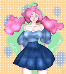 Size: 845x946 | Tagged: safe, artist:sandwech, pinkie pie, human, g4, alternate hairstyle, clothes, female, humanized, one eye closed, shirt, skirt, solo, wink