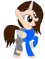 Size: 642x838 | Tagged: safe, artist:chloemay16, oc, oc only, oc:chloe, oc:chloe the princess of innocence, alicorn, pony, alicorn oc, clothes, female, folded wings, horn, mare, open mouth, pants, raised hoof, raised leg, shirt, simple background, solo, white background, wings