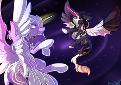 Size: 2269x1605 | Tagged: safe, artist:yuris, oc, oc only, alicorn, pony, abstract background, alicorn oc, angry, duo, ears back, female, fight, flying, frog (hoof), horn, magic, magic aura, simple background, spread wings, trade, underhoof, wings