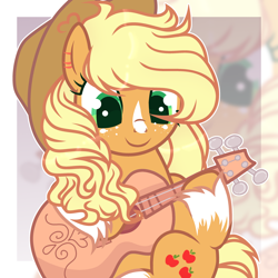 Size: 3072x3072 | Tagged: safe, artist:pritonarts, applejack, earth pony, pony, g4, acoustic guitar, alternate hairstyle, applejack's hat, commission, cowboy hat, cute, female, freckles, guitar, hat, high res, jackabetes, mare, markings, musical instrument, redesign, scar, solo, unshorn fetlocks, ych result