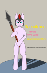 Size: 1800x2800 | Tagged: safe, oc, oc:ilya, earth pony, pony, semi-anthro, arm hooves, bipedal, blushing, earth pony oc, female, guardsmare, helmet, mare, royal guard, shivering, solo, spear, weapon