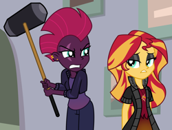 Size: 7600x5742 | Tagged: safe, artist:emeraldblast63, sunset shimmer, tempest shadow, human, comic:the tale of two sunsets, equestria girls, g4, absurd resolution, duo, duo female, equestria girls-ified, eyeshadow, female, frown, hammer, human sunset, makeup, story included, tempest shadow is not amused, unamused