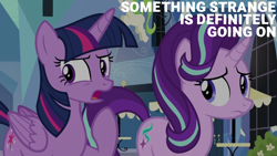 Size: 1920x1080 | Tagged: safe, edit, edited screencap, editor:quoterific, screencap, starlight glimmer, twilight sparkle, alicorn, pony, unicorn, g4, the times they are a changeling, concerned, crystal empire, duo, duo female, female, open mouth, quote, raised hoof, text, twilight sparkle (alicorn)