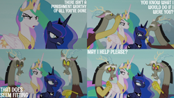 Size: 2000x1125 | Tagged: safe, edit, edited screencap, editor:quoterific, screencap, discord, princess celestia, princess luna, alicorn, draconequus, pony, g4, the ending of the end, celestia is not amused, duplication, looking at each other, looking at someone, luna is not amused, open mouth, question, royal sisters, siblings, sisters, smiling, smirk, text, trio, unamused, whispering in ear