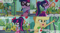 Size: 4400x2475 | Tagged: safe, edit, edited screencap, editor:quoterific, screencap, applejack, sci-twi, twilight sparkle, human, equestria girls, g4, my little pony equestria girls: better together, my little shop of horrors, greenhouse, shovel, watering can