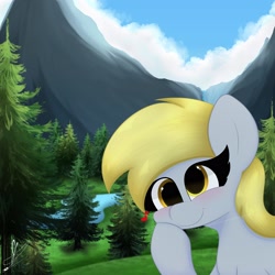 Size: 3000x3000 | Tagged: safe, artist:daftramms, derpy hooves, pegasus, pony, cute, derpabetes, detailed background, fanart, mountain, scenery, solo