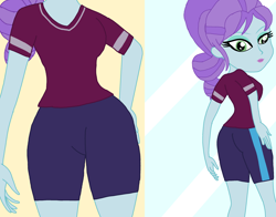 Size: 2854x2233 | Tagged: safe, artist:rainbowstarcolour262, crystal lullaby, human, equestria girls, g4, ass, butt, butt touch, clothes, crystal lullabutt, female, high res, looking down, ponytail, shirt, shorts, solo, sports shorts