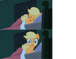 Size: 1080x837 | Tagged: safe, artist:enrique zx, derpibooru exclusive, edit, edited screencap, editor:enrique zx, screencap, applejack, earth pony, pony, family appreciation day, g4, season 2, bed, blanket, cropped, female, mare, meme, meme template, missing accessory, offscreen character, pillow, shocked, shocked expression, sleeping, solo, template