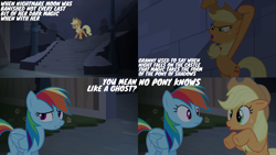 Size: 4400x2475 | Tagged: safe, edit, edited screencap, editor:quoterific, screencap, applejack, rainbow dash, earth pony, pegasus, pony, castle mane-ia, g4, abandoned, bipedal, castle of the royal pony sisters, duo, duo female, female, floppy ears, flower, hat, implied granny smith, looking at each other, looking at someone, mare, ruins, scared, stairs, text