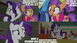Size: 2000x1125 | Tagged: safe, edit, edited screencap, editor:quoterific, screencap, mr. stripes, plaid stripes, rarity, earth pony, pony, unicorn, g4, the saddle row review, big eyebrows, braces, clothes, confused, disgusted, duo focus, feather boa, jacket, john candy, neighl page, raised hoof, raised hooves, restaurant, teeth, text, unnamed character, unnamed pony