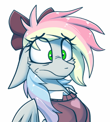 Size: 2671x2949 | Tagged: safe, artist:fenixdust, oc, oc only, oc:blazey sketch, pegasus, pony, bow, bust, clothes, concerned, gift art, gray background, green eyes, grey fur, hair bow, high res, long hair, multicolored hair, pegasus oc, scared, simple background, solo, sweater