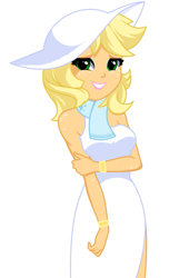 Size: 947x1472 | Tagged: dead source, safe, artist:rosemile mulberry, applejack, human, equestria girls, g4, alternate hairstyle, applejack also dresses in style, applejewel, bare shoulders, beautiful, blonde, bracelet, clothes, cute, diamond, dress, eyeshadow, female, freckles, grin, hat, jackabetes, jewelry, lipstick, looking at you, makeup, pink lipstick, rubbing arm, scarf, shoulder freckles, simple background, sleeveless, smiling, smiling at you, solo, sun hat, tomboy taming, updated design, white background, white dress