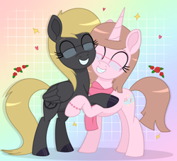 Size: 1216x1110 | Tagged: safe, artist:dyonys, oc, oc only, pegasus, pony, unicorn, commission, female, flower, glasses, hoof polish, horn, hug, lesbian, mare, oc x oc, pegasus oc, rainbow background, rose, shipping, smiling, unicorn oc