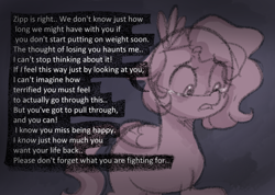 Size: 1004x715 | Tagged: safe, anonymous artist, pipp petals, pegasus, pony, series:anorexic sunny, g5, anorexia, crying, dialogue, female, floppy ears, folded wings, implied sunny starscout, implied zipp storm, limited palette, offscreen character, raised hoof, solo, teary eyes, wings
