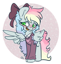 Size: 1828x1920 | Tagged: safe, artist:lou, oc, oc only, oc:blazey sketch, pegasus, pony, blushing, bow, clothes, female, green eyes, grey fur, grin, hair bow, long hair, long tail, multicolored hair, nervous, nervous smile, pegasus oc, simple background, small wings, smiling, solo, sweater, tail, wings