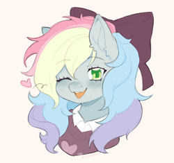 Size: 2843x2671 | Tagged: safe, artist:ieshnadne, oc, oc only, oc:blazey sketch, pony, blushing, bow, bust, clothes, green eyes, grey fur, hair bow, high res, long mane, multicolored hair, portrait, simple background, smiling, solo, sweater