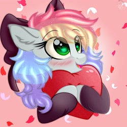 Size: 2048x2048 | Tagged: safe, artist:shoalstar, oc, oc only, oc:blazey sketch, pony, blushing, bow, clothes, green eyes, grey fur, hair bow, high res, hug, long mane, multicolored hair, pillow, pillow hug, simple background, smiling, solo, sweater