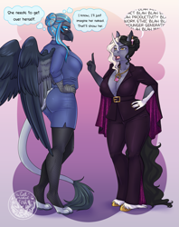 Size: 2131x2697 | Tagged: safe, artist:askbubblelee, oc, oc only, oc:rio azura, oc:starling quartz, griffon, unicorn, anthro, digitigrade anthro, unguligrade anthro, absolute cleavage, anthro oc, big breasts, breasts, cleavage, clothes, commission, complaining, curved horn, digital art, ear piercing, earring, female, griffon oc, high res, horn, jewelry, leonine tail, mare, milf, necklace, piercing, scolding, tail, thought bubble, unamused, unicorn oc, unshorn fetlocks, wings