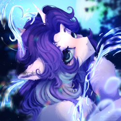 Size: 1280x1280 | Tagged: safe, artist:muna, oc, oc only, pony, unicorn, blue eyes, blue mane, blushing, bubble, crepuscular rays, cute, digital art, female, flowing mane, horn, looking at you, magic, mare, ocean, open mouth, solo, sunlight, swimming, underwater, unicorn oc, unshorn fetlocks, water