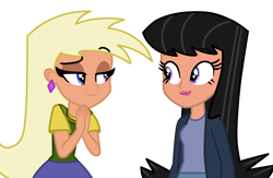 Size: 1888x1228 | Tagged: safe, artist:skyfallfrost, human, equestria girls, chloe carmichael, clothes, design, digital art, duo, duo female, ear piercing, earring, eyelashes, female, humanized, jacket, jewelry, lipstick, multiverse, piercing, ship, shipping, simple background, the fairly oddparents, tootie, transparent background