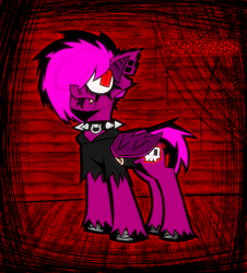 Size: 1308x1448 | Tagged: safe, artist:xxv4mp_g4z3rxx, oc, oc only, oc:violet valium, bat pony, pony, :p, bat pony oc, clothes, collar, ear piercing, emo, fangs, female, folded wings, hoodie, looking up, mare, piercing, solo, spiked collar, tail, tongue out, torn clothes, torn ear, two toned mane, two toned tail, wings