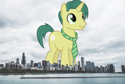 Size: 2048x1365 | Tagged: safe, anonymous editor, artist:starryshineviolet, edit, dandy dispatch, pony, unicorn, g4, background pony, chicago, giant pony, giant unicorn, highrise ponies, illinois, irl, macro, male, mega giant, necktie, photo, ponies in real life, smiling, solo, stallion, story included