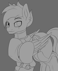 Size: 1975x2435 | Tagged: safe, artist:thehuskylord, pegasus, pony, 2022, armor, blind eye, digital art, ear piercing, eye scar, facial scar, looking at you, monochrome, piercing, power armor, scar, sketch, smiling, wings